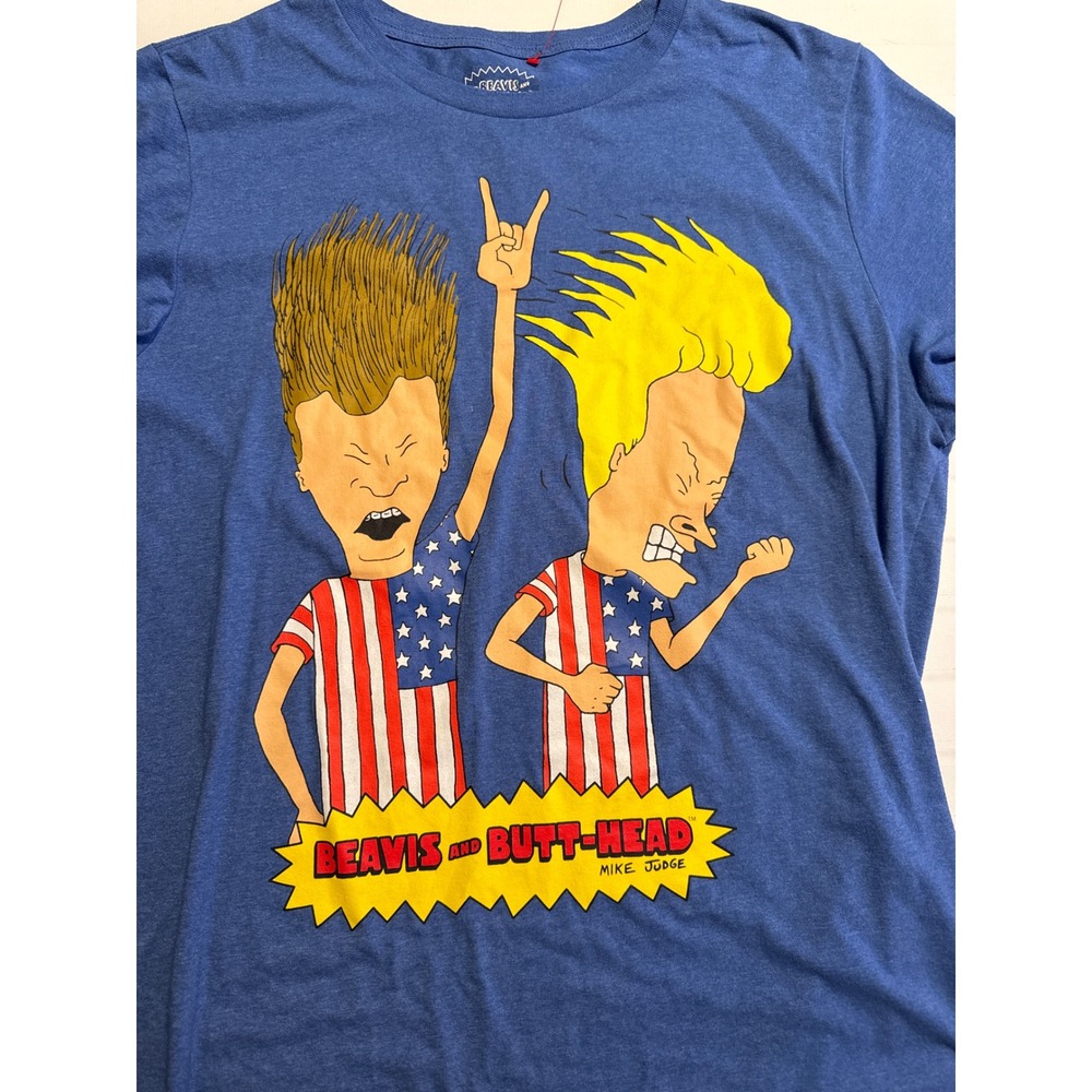Beavis‎ and Butt-Head Mens XL Blue Graphic T-Shirt MTV Mike Judge American Flag